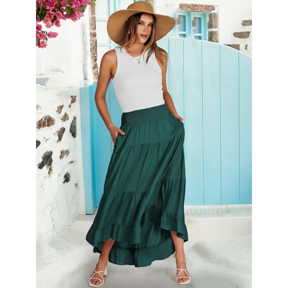 Women Summer Maxi Skirt Elastic High Waist Flowy Boho Casual...